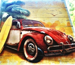 Quadro Carros - Fusca vermelho com prancha de surf na internet