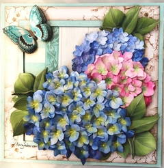 Quadro Flores - Hortências azuis e borboleta - Artesanatos Silvia Federico