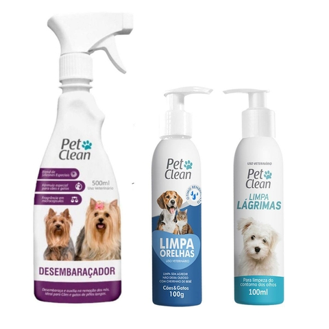 Pet Clean Desembaraçador de Pelos Limpa Lágrimas e Limpa Orelhas Kit com 3 itens