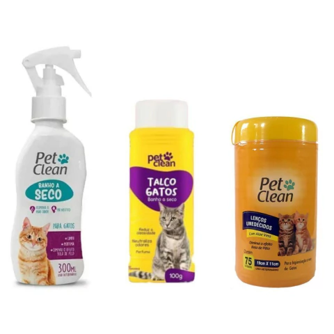 Kit Banho a Seco Gatos Lenço Umedecidos e Talco para Gatos Pet Clean Limpeza Rápida