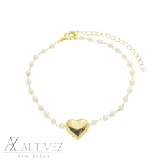 PULSEIRA PEROLAS E CORAÇÂO ouro