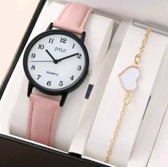 Relógio Feminino Casual De Couro Quartzo + Pulseira - comprar online