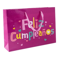 PARTY BOLSA *FELIZ CUMPLEAÑOS* ROSA GLITTER x 1 un. Tamaño: 35cm x 25cm x 9cm