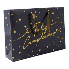 PARTY BOLSA NEGRA C/ DORADO *FELIZ CUMPLEAÑOS*. Tamaño: 35cm x 25cm x 9cm