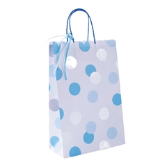 PARTY BOLSA BLANCA C/ LUNARES CELESTES Y PLATEADOS (con cinta celeste) Tamaño: 20cm x 30cm x 9cm