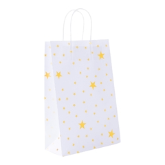 PARTY BOLSA BLANCA C/ ESTRELLAS Y LUNARES DORADOS . Tamaño: 20cm x 30cm x 9cm