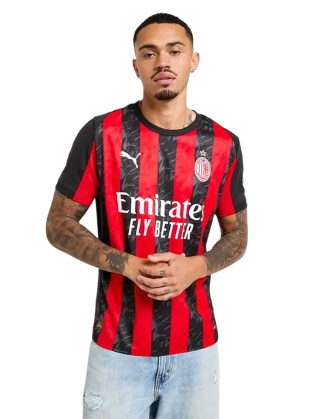 Camisa  do AC Milan 25/26 masculina da Puma, nas cores preta e vermelha com detalhes em cinza e logo Emirates Fly Better