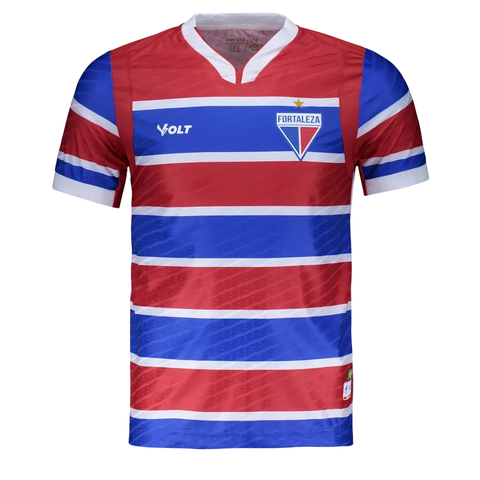 Camisa masculina do Fortaleza 2025/26 para torcedor com listras horizontais vermelhas, azuis e brancas
