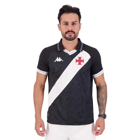 Camisa masculina Vasco da Gama 25/26 preta com faixa branca diagonal, escudo do clube e logo Kappa, modelo torcedor 