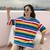Camiseta listrada arco-íris feminina, estilo Harajuku, tops de manga curta, rou - Compra Rápida