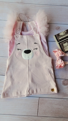 Jardineira vestido menina bebê bordado ursinho - Loja Meu Guri Moda Bebê