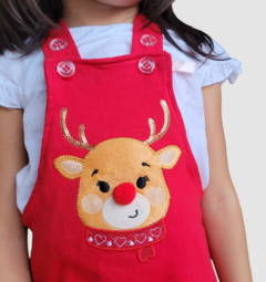 Jardineira vestido menina bebê bordado rena