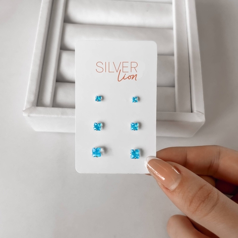 Trio zircônias quadradas 3, 4 e 5mm azul