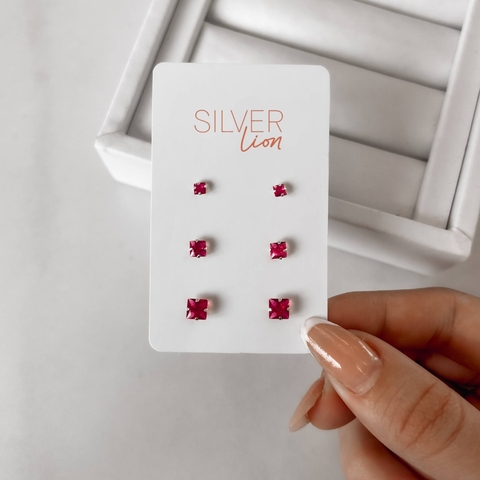 Trio zircônias quadradas 3, 4 e 5mm cereja