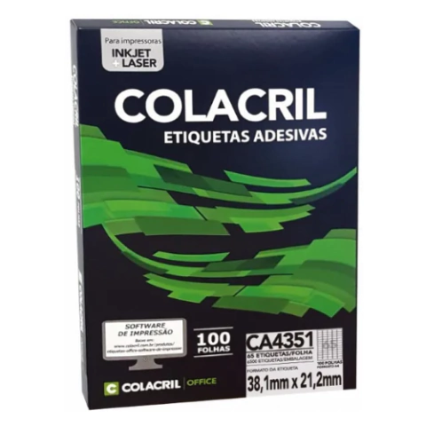 ETIQUETA ADESIVA INKJET+LASER A4 C/65 ETQ. CA4351 C/100FLS - COLACRIL