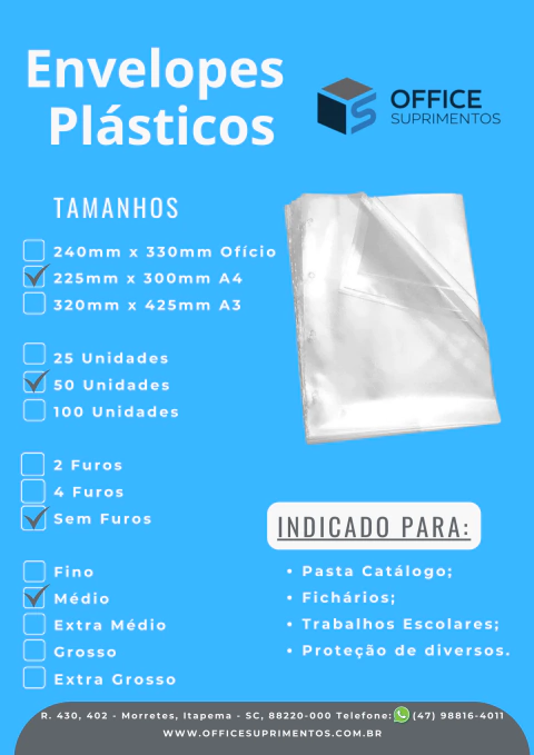 ENVELOPE PLÁSTICO OFÍCIO/A4 COM E SEM FUROS E OF GROSSO COM 50 UNIDADES - DAC - officesuprimentos