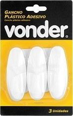 GANCHO PLASTICO ADESIVO (BCO) C/3 VONDER