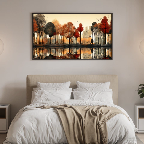 Quadro Decorativo Natureza Pintura de Árvores e Lago
