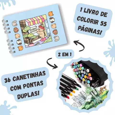 Kit Livro de Colorir Infantil Azul + 36 Canetas Hidrocor Ponta Dupla | Estojo Incluso | Desenvolvimento Criativo e Educativo - comprar online