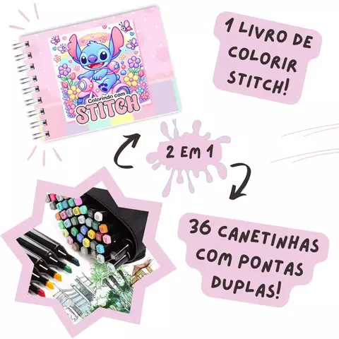Kit Livro de Colorir Stitch Filme (Rosa) + 36 Canetas Coloridas - comprar online
