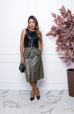 Saia midi de couro verde Maria - Likka Leather - Moda Feminina em Couro Legítimo
