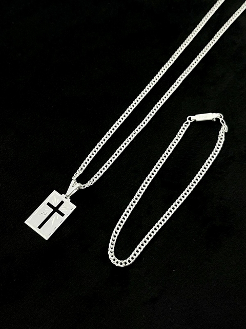 Corrente Cordão Masculina Banhado A prata 925 Fina 2,5mm GRUMET + Pulseira e Pingente Cruz
