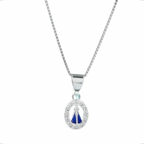 COLAR PINGENTE MEDALHINHA NOSSA SENHORA APARECIDA COM ZIRCÔNIAS - PRATA 925