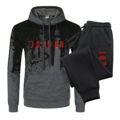 Conjunto de capuz com capuz estampado masculino, moletom casual, calça quente, streetwear de lã.