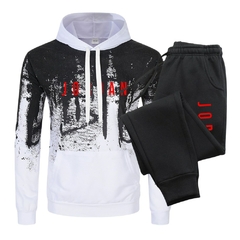 Conjunto de capuz com capuz estampado masculino, moletom casual, calça quente, streetwear de lã. - ROSSY