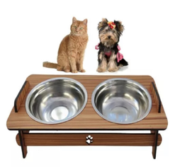 ￼Comedouro Pet Elevado Duplo Gato E Cachorro 2 Tigelas Inox - DOGGIIES