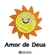 Emblema bordado de um sol sorridente com a frase "Amor de Deus" embaixo.