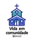 Emblema bordado de uma igreja com a frase "Vida em comunidade".