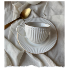TAZA Y PLATO DE TE ACAPULCO BORDE DORDADO BLANCA X6