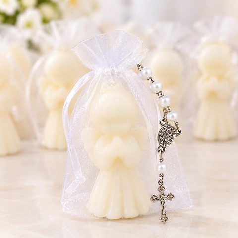 10 Lembrancinhas Vela Anjo com Mini terço no Saquinho de Organza