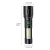 Linterna táctica LED recargable de color negro con doble luz ajustable y dimensiones señaladas en centímetros y pulgadas
