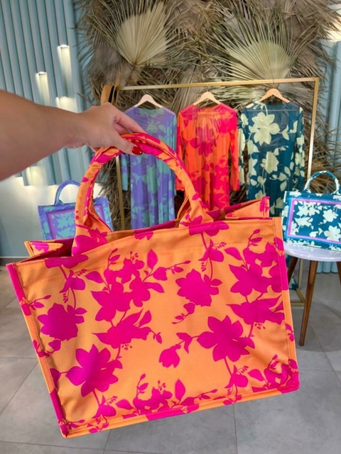 BOLSA FLORAL LARANJA COM ROSA