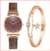 Imagem do 5 pçs conjunto de luxo feminino relógios rosa pulseira de ouro conjunto gato padrão ímã relógio de quartzo senhoras pulseira relógio de pulso relogio