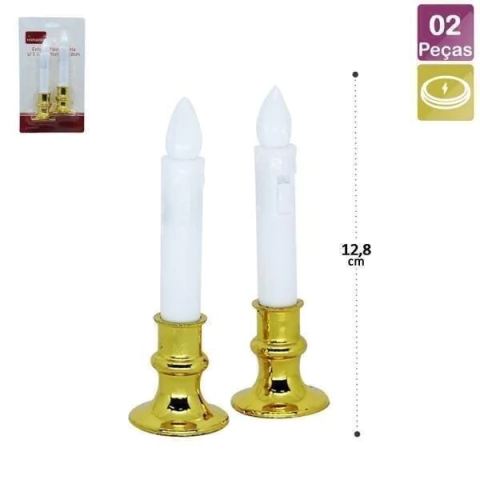 Vela 12x4cm Plástico 2 Peças LED Dourado
