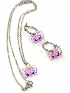 Collar + aros en argolla de acero quirurgico plateado modelo Stich carita - comprar online