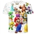 Camiseta infantil com personagens do Super Mario, incluindo Mario, Luigi, Yoshi e outros, em um design colorido e divertido.