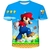 Camiseta infantil com estampa do Super Mario em fundo azul, mostrando Mario em ação no jogo.