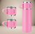 Conjunto de kit café e chá em aço inox com garrafinha rosa de 500ml e duas canecas pequenas rosa.