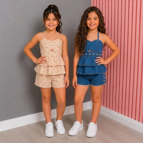 Conjunto Infantil Menina Mini Diva Jeans Blusa Babado + Short Fashion Blogueirinha
