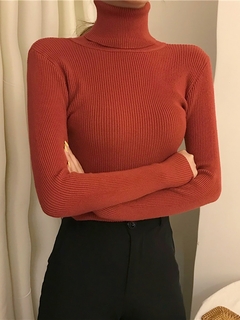 Suéter de gola alta vintage feminino, tops de malha básica sólida, pulôver casual fino - loja online