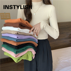Imagem do Suéter de gola alta vintage feminino, tops de malha básica sólida, pulôver casual fino