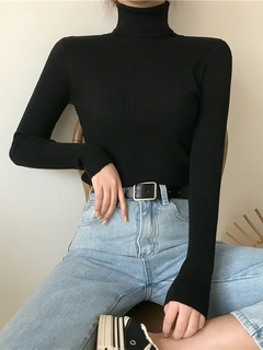 Suéter de gola alta vintage feminino, tops de malha básica sólida, pulôver casual fino