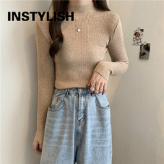 Suéter de gola alta vintage feminino, tops de malha básica sólida, pulôver casual fino - loja online