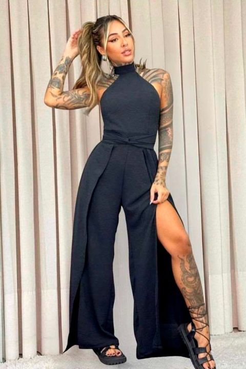 Macacão Longo Com Bojo, Fendas e Amarração