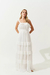 Vestido Longo Crepe Liso Babados: Decote Reto e Cintura Marcada - comprar online