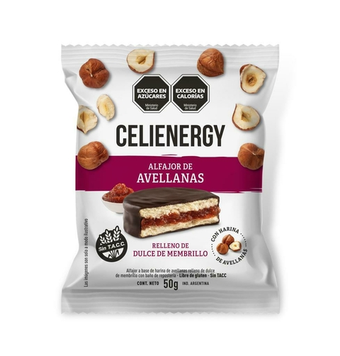ALFAJOR DE AVELLANA RELLENO MEMBRILLO BAÑO DE CHOCOLATE NEGRO SIN TACC 50GR. CELIENERGY